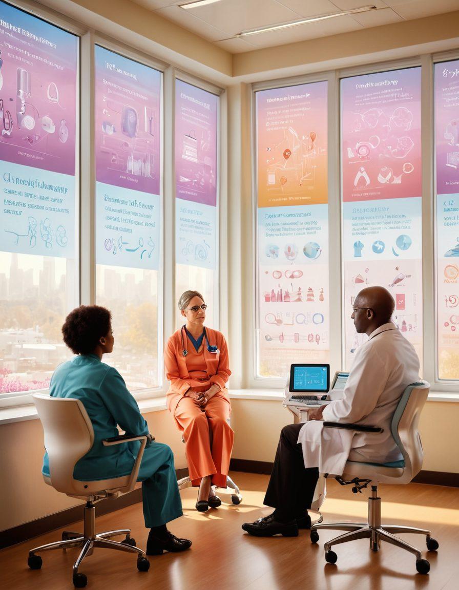 A compassionate oncologist discussing treatment options with a diverse group of patients, surrounded by modern medical equipment and uplifting visuals of cancer research advancements, including infographics in the background. Soft sunlight filtering through large windows to create a warm, hopeful atmosphere. super-realistic. vibrant colors. medical setting.