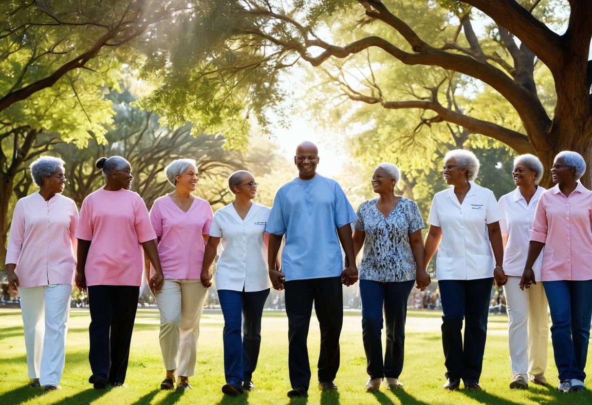 A collage of diverse cancer survivors in a serene park, each sharing their unique story while holding hands in solidarity. Soft rays of sunlight filter through trees, symbolizing hope and healing. Include supportive healthcare professionals in the background, with gentle expressions of encouragement. The atmosphere is warm and uplifting, conveying a sense of community and empowerment. vibrant colors. super-realistic. outdoor setting.