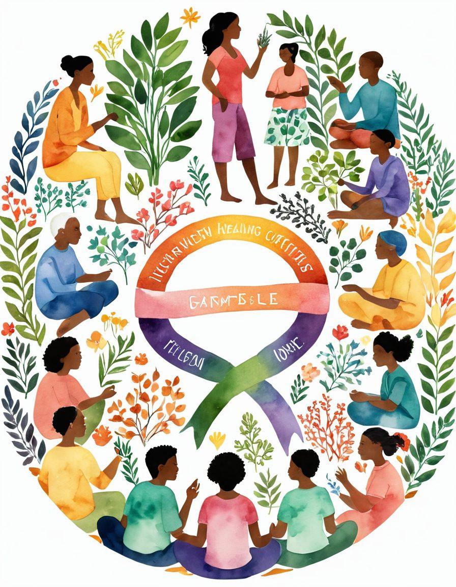 A vibrant and supportive community scene depicting diverse individuals sharing resources about cancer and wellness. Include a circle of people engaging in conversation, surrounded by symbols of hope like ribbons and healing plants. The background should have warm, inviting colors to evoke a sense of connection and strength. Incorporate elements like brochures, healthy food, and wellness items scattered around to emphasize the theme of resource sharing. watercolor style. warm colors.